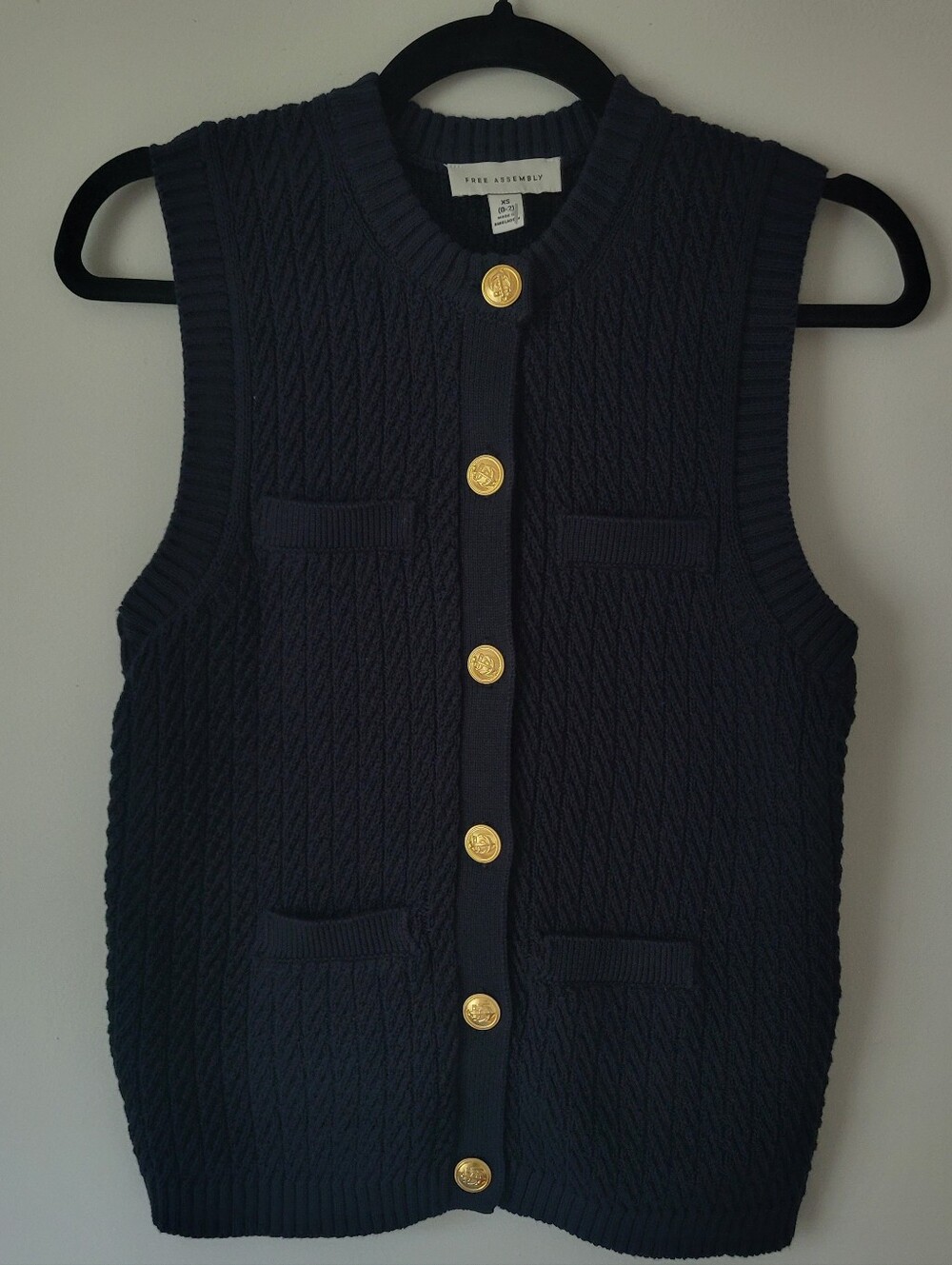 Free Assembly Navy Blue Cable Knit Sweater Vest Gold Buttons Pockets